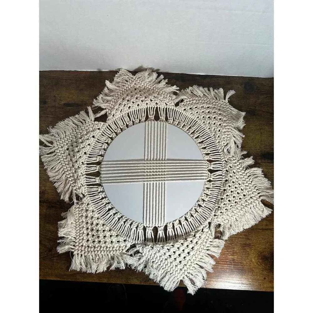 Boho Macrame Wall Mirror Round Fringe Woven Cotton Decor 20” Handmade Chic Home